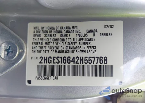 2002 Honda Civic Lx из США, поврежденный, VIN 2HGES16642H557768